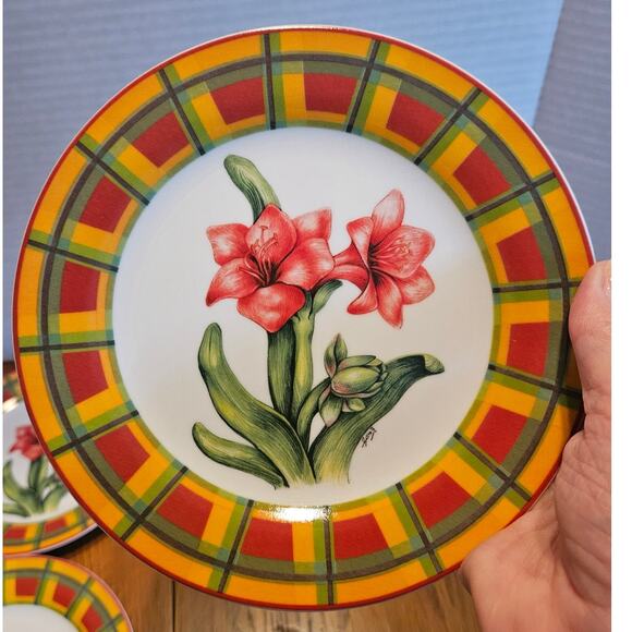 Amaryllis by I. Godinger & Co. Salad Dessert Plates Set of 4 Plaid Border NWT - Picture 2 of 5